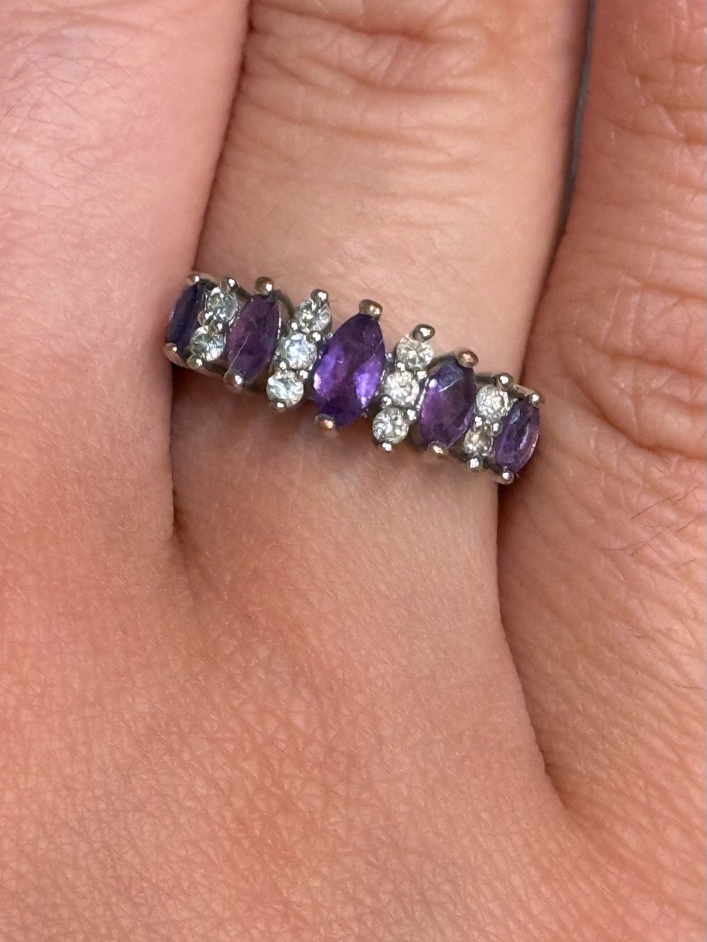 Silvertone Purple and White Stone Band Ring